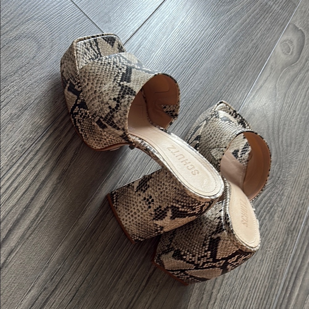 SCHUTZ Snake Print Block Heel Mules in Neutral Tones